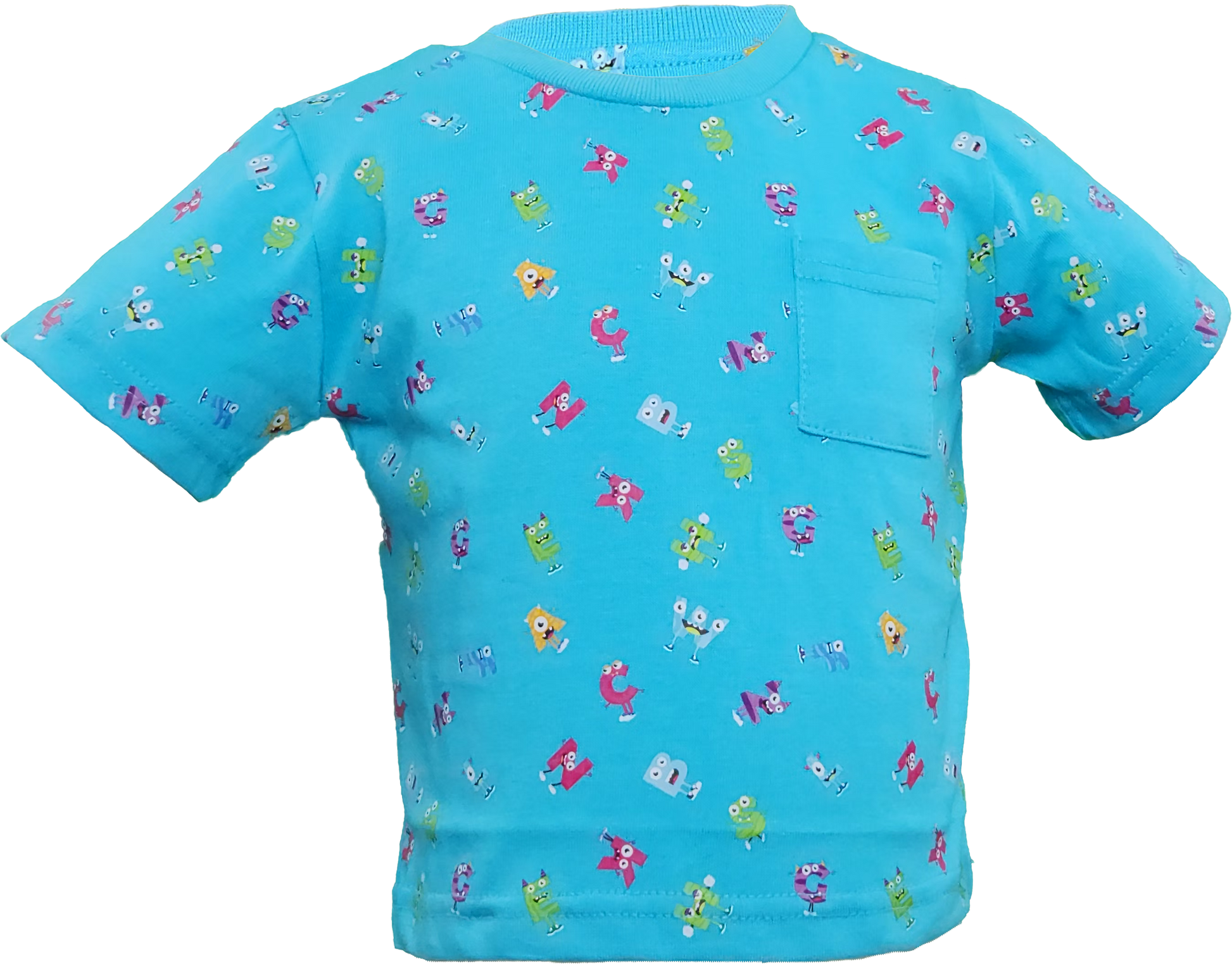 Blue Toddler short sleeve t-shirt with monster alphabet print and pocket