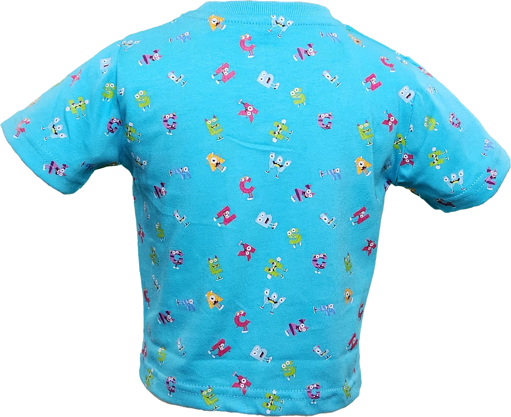 Blue Toddler short sleeve t-shirt with monster alphabet print and pocket