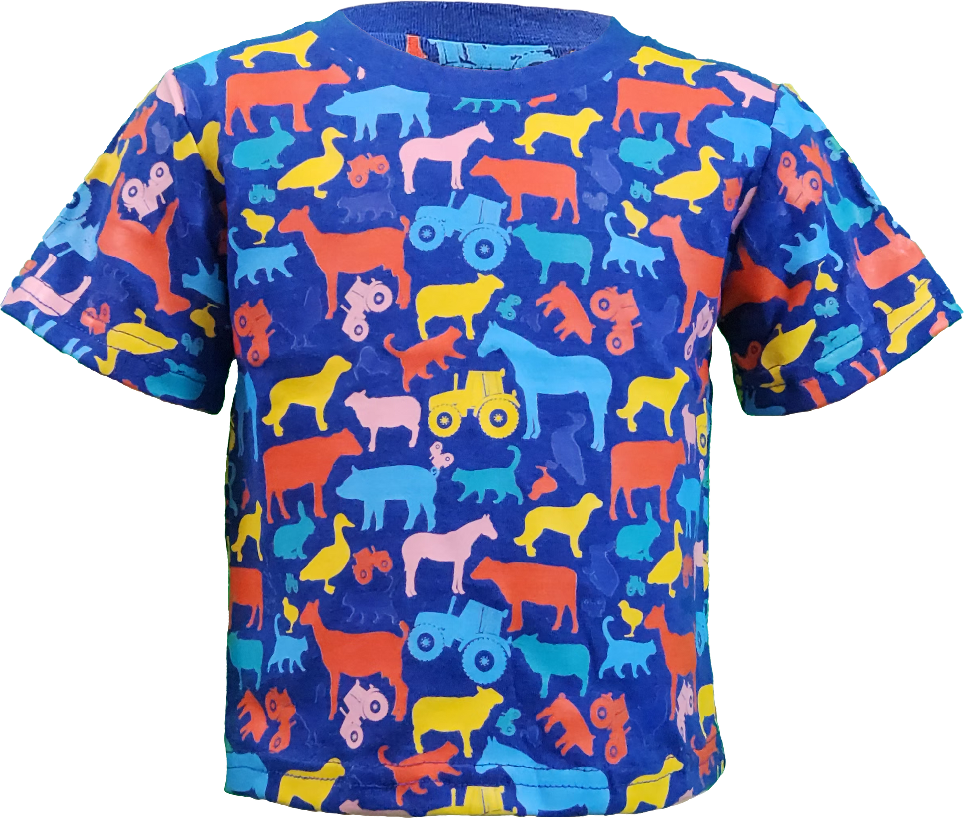 Royal Blue kids' t-shirt with colorful farm animal graphics, ideal for animal lovers and country-themed outfits.