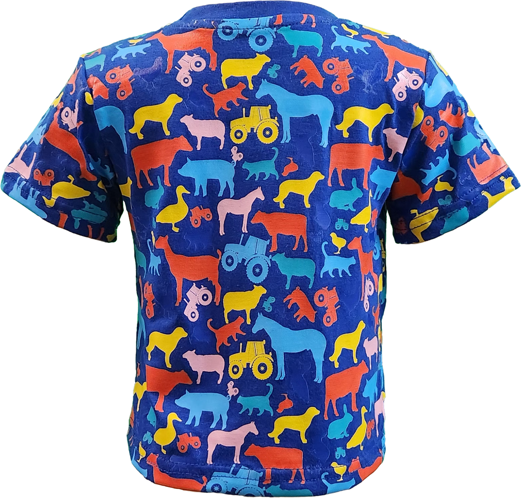 Royal Blue kids' t-shirt with colorful farm animal graphics, ideal for animal lovers and country-themed outfits.