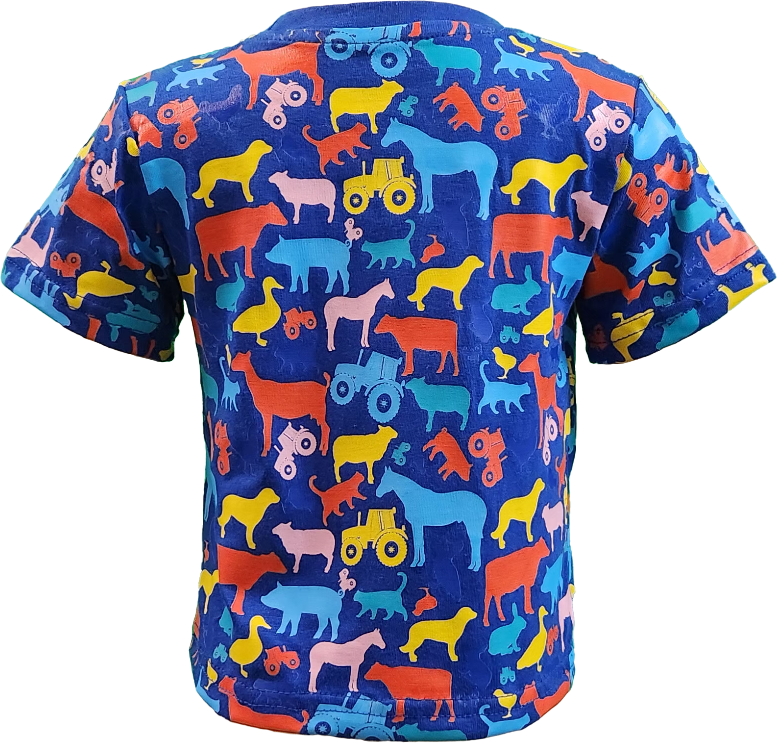 Royal Blue kids' t-shirt with colorful farm animal graphics, ideal for animal lovers and country-themed outfits.
