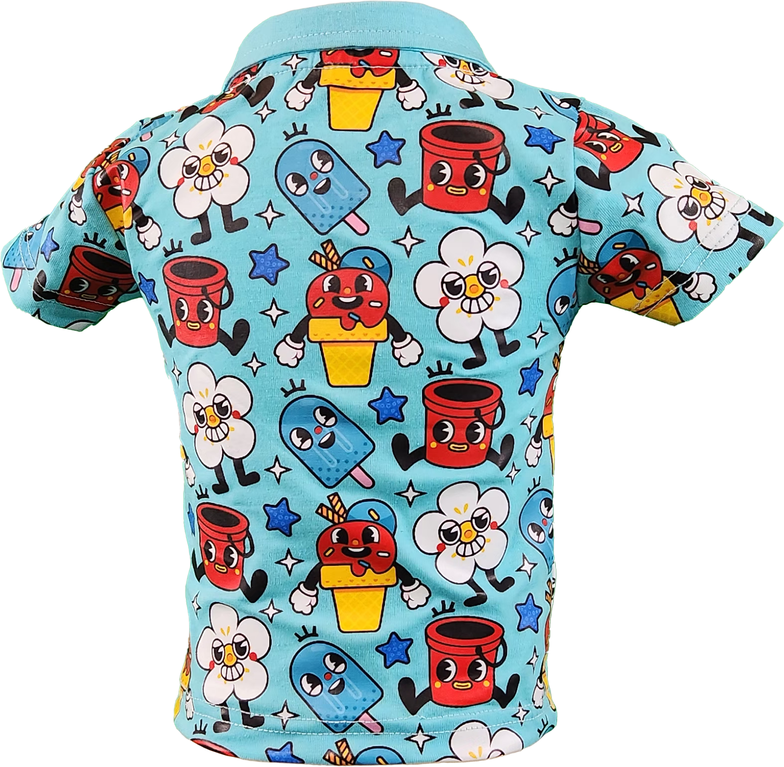 Kids' polo shirt with colorful popsicle print, short sleeves, and classic collar, perfect for summer wear.