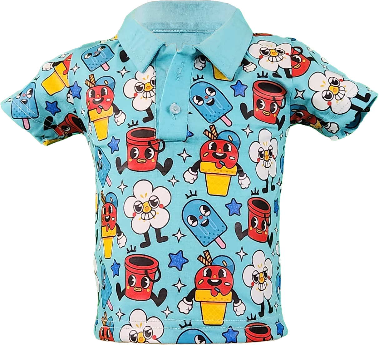 Kids' polo shirt with colorful popsicle print, short sleeves, and classic collar, perfect for summer wear.