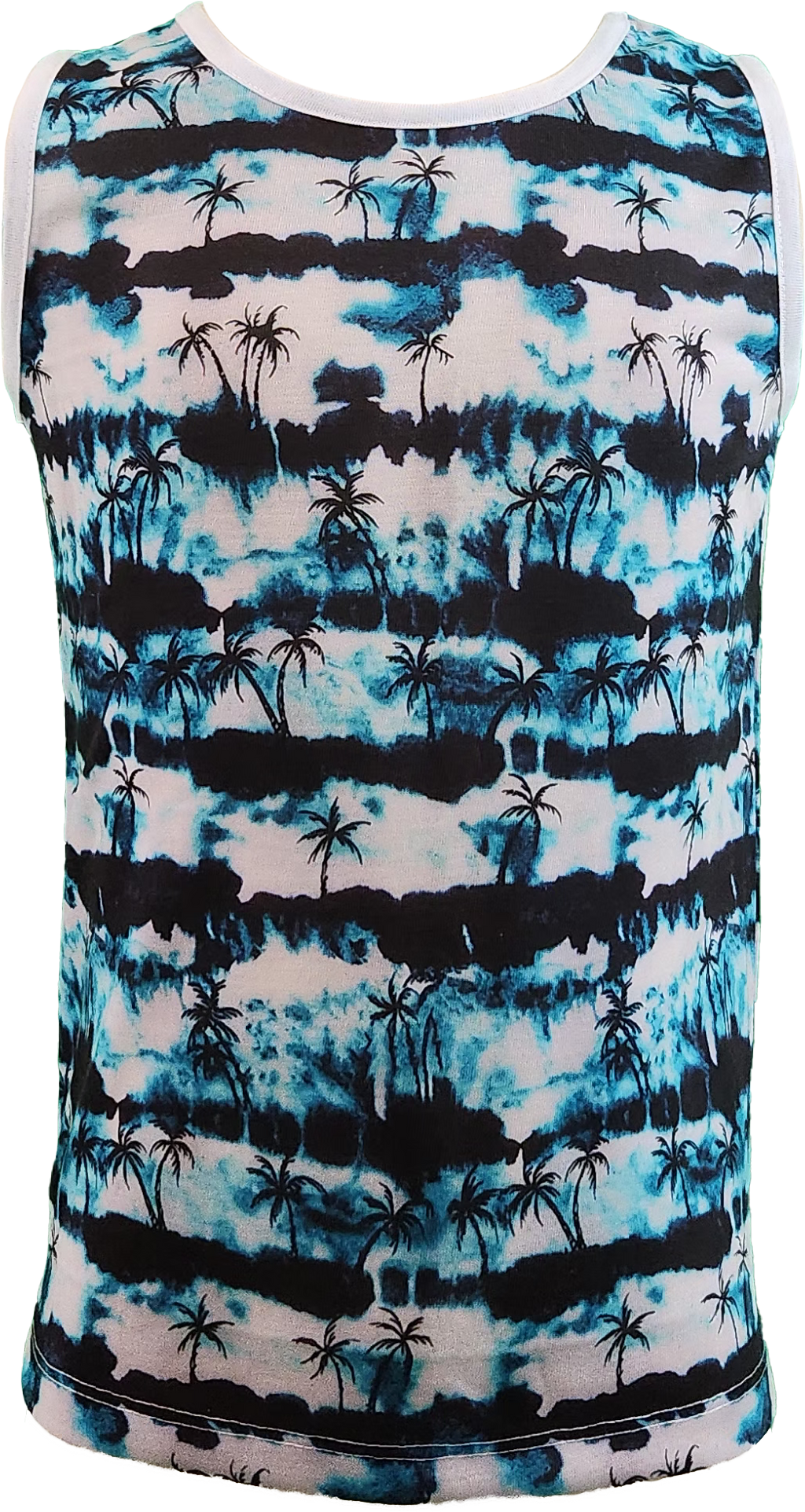  Blue toddler tank top with black stiletto-style palm tree graphic, ideal for summer days
