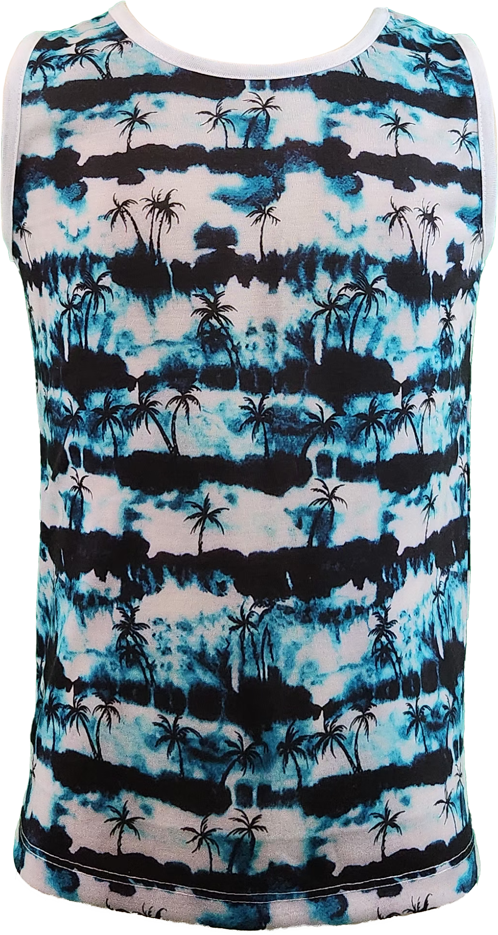  Blue toddler tank top with black stiletto-style palm tree graphic, ideal for summer days