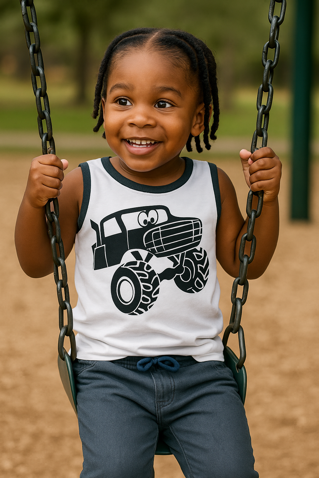 Kids cotton tank top with monster truck print for summer wear