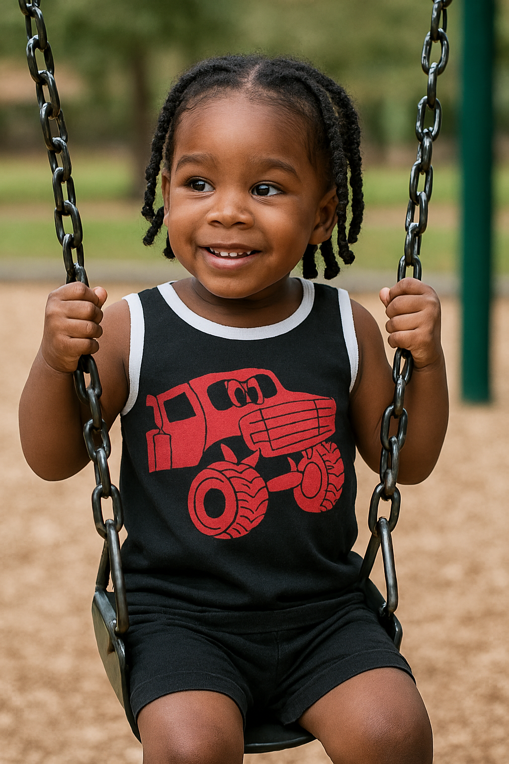 Kids cotton tank top with monster truck print for summer wear