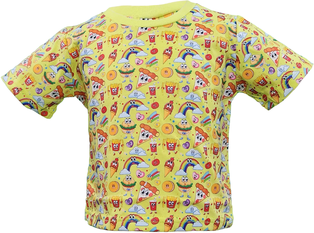 Toddler t-shirt with pizza, rainbow, burger, and fries print