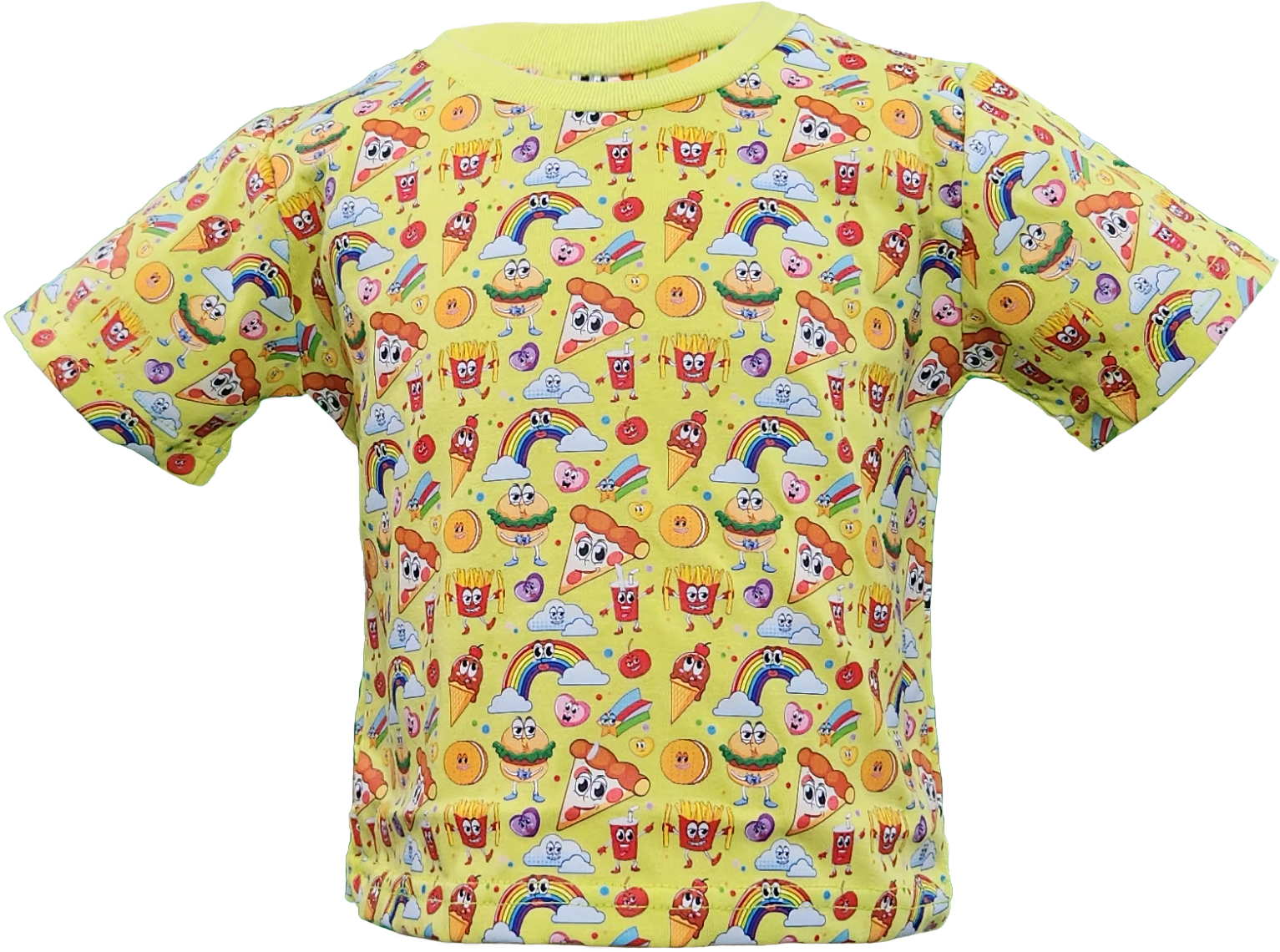 Toddler t-shirt with pizza, rainbow, burger, and fries print