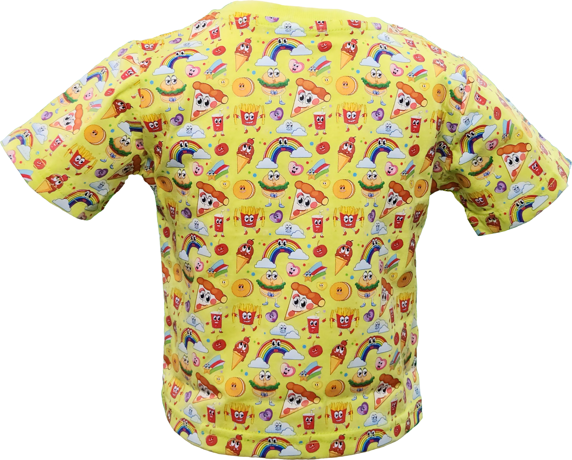 Toddler t-shirt with pizza, rainbow, burger, and fries print