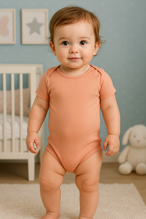 Baby in a peach onesie standing in a room with a crib and stuffed animal in the background.