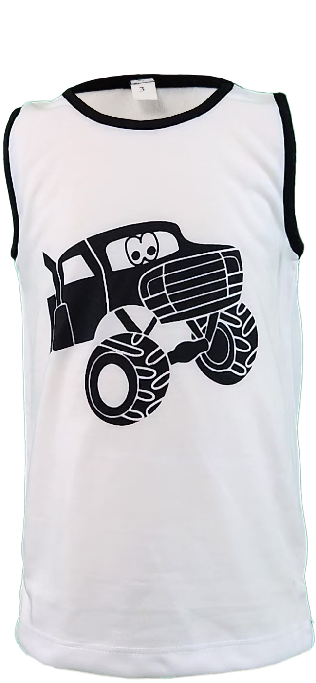 Toddler tank top with colorful monster truck graphic, breathable fabric for warm weather wear.