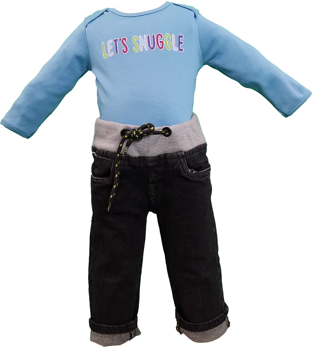 Soft cotton long-sleeve baby boy bodysuit with ‘Let’s Snuggle’ graphic with black adjustable waist long jeans