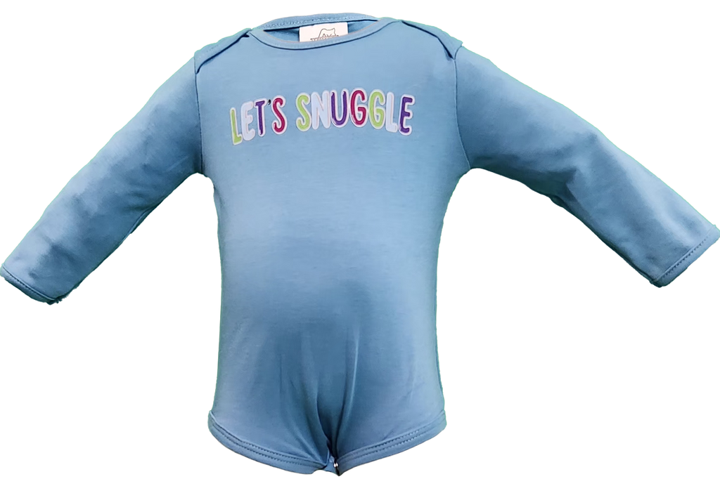 Soft cotton long-sleeve baby boy bodysuit with ‘Let’s Snuggle’ graphic